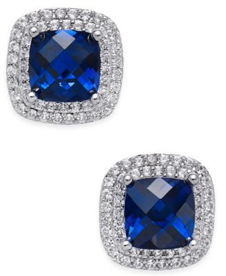 Macy's - Lab-Grown Sapphire (2-1/6 ct. t.w.) and White Sapphire (1/3 ct. t.w.) Square Stud Earrings in Sterling Silver