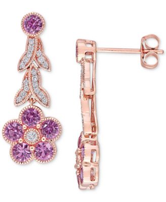 Macy's - Pink Sapphire (1-5/8 ct. t.w.) & Diamond (1/6 ct. t.w.) Flower Drop Earrings in 14k Rose Gold