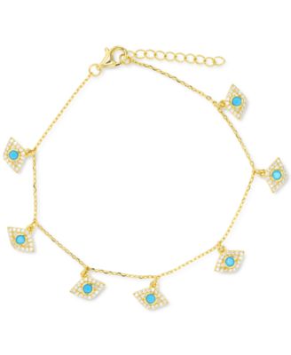 Macy's - Cubic Zirconia & Nano Turquoise Evil Eye Charm Bracelet in 14k Gold-Plated Sterling Silver