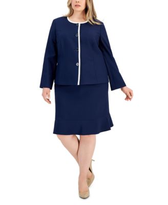 Le Suit - Plus Size Framed Collarless Jacket & Flounce-Hem Skirt