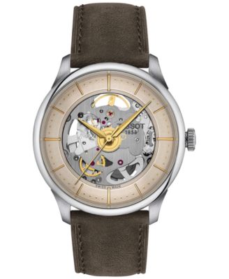 Tissot - Men's Swiss Automatic Chemin Des Tourelles Skeleton Brown Leather Strap Watch 39mm