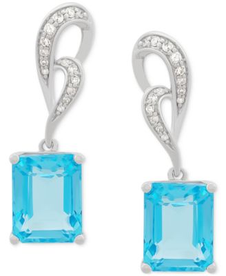 Macy's - Swiss Blue Topaz (5-5/8 ct. t.w.) & Diamond (1/8 ct. t.w.) Swirl Drop Earrings in 14k White Gold