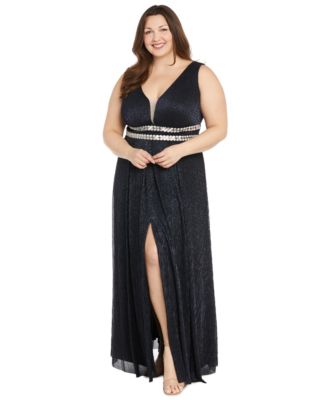 R & M Richards - Plus Size Metallic Beaded-Waist Gown
