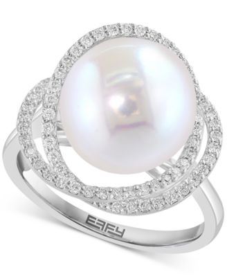 EFFY Collection - Cultured Freshwater Pearl (10mm) & Diamond (1/3 ct. t.w.) Spiral Knot Statement Ring in 14k White Gold