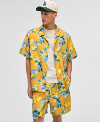 Mode of One - Men's Blurred Floral Relaxed-Fit Shiny Twill Camp Shirt