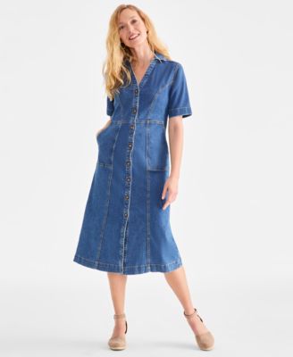 Style & Co - Petite Split-Neckline Seamed Denim Dress