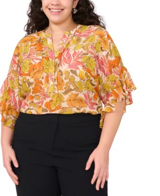 Vince Camuto - Plus Size Floral-Print Ruffled-Sleeve Split-Neck Blouse