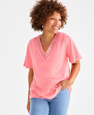 Style & Co - Petite Lace-Trimmed V-Neck Pullover Top