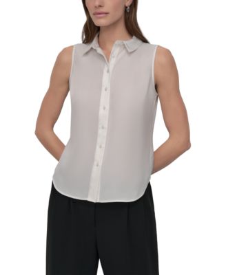 DKNY - Petite Button-Front Sleeveless Satin Blouse