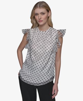 KARL LAGERFELD PARIS - Women's Dot-Print Organza Flutter-Sleeve Blouse