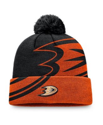 Fanatics - Men's Black, Orange Anaheim Ducks Block Party Cuffed Knit Hat with Pom