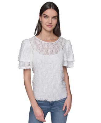 KARL LAGERFELD PARIS - Women's Ruffled-Sleeve Lace Top