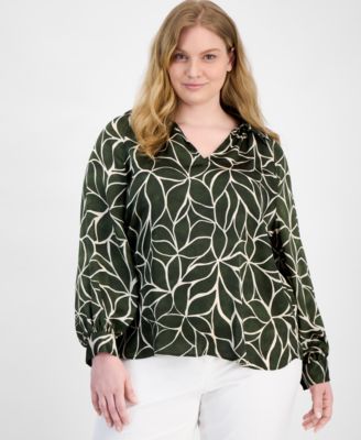 Vince Camuto - Plus Size Printed Split-Neck Blouson-Sleeve Top