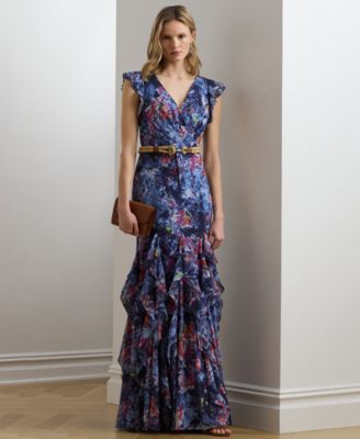 Lauren Ralph Lauren - Women's Print Ruffle-Trim Crinkle Georgette Gown