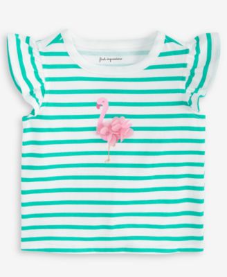 First Impressions - Baby Girls Flamingo Graphic Striped Flutter-Sleeve T-Shirt
