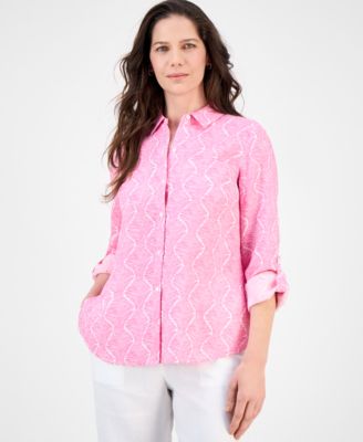 Charter Club - Women's Printed 100% Linen Roll-Tab Shirt, Exclusively at Macy's