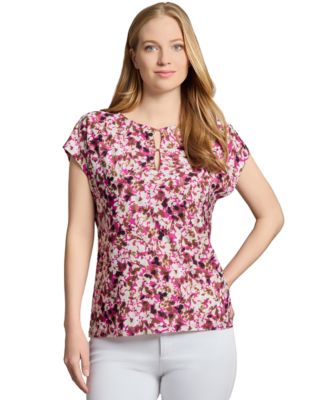 Jones New York - Petite Floral-Print Keyhole Cap-Sleeve Top