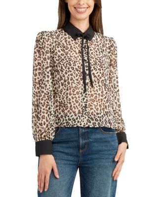 BCX - Juniors' Animal-Print Tie-Front Long-Sleeve Button Blouse