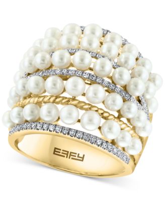 EFFY Collection - Cultured Freshwater Pearl (4mm) & Diamond (3/8 ct. t.w.) Multirow Statement Ring in 14k Gold