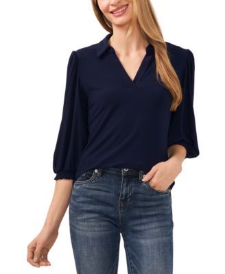 CeCe - Women's Collared V-Neck Puff-Shoulder Top