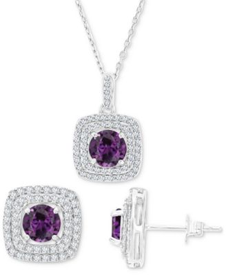 Macy's - 2-Pc. Set Lab-Grown Alexandrite (4-1/10 ct. t.w.) & Lab-Grown White Sapphire (7/8 ct. t.w.) Square Halo Pendant Necklace & Matching Stud Earrings in Sterling Silver
