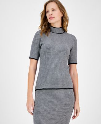 Anne Klein - Women's Printed Mock-Neck Short-Sleeve Sweater