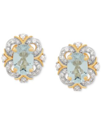 Macy's - Aquamarine (3/4 ct. t.w.) & Diamond (1/8 ct. t.w.) Fancy Halo Stud Earrings in 14k Gold