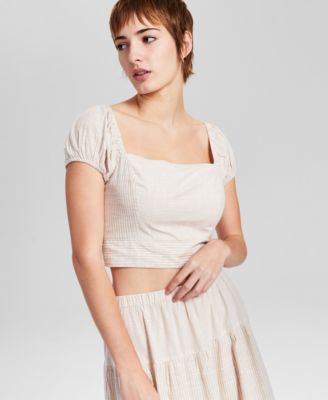 And Now This - Women's Off-the-Shoulder Striped Smocked-Back Puff-Sleeve Top