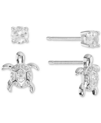 Macy's - 2-Pc. Set Cubic Zirconia Turtle & Solitaire Stud Earrings in Sterling Silver