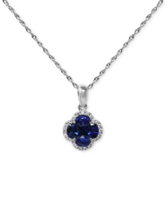 Macy's - Sapphire (1 ct. t.w.) & Diamond (1/10 ct. t.w.) Clover Halo Cluster Pendant Necklace in 14k White Gold, 16" + 2" extender