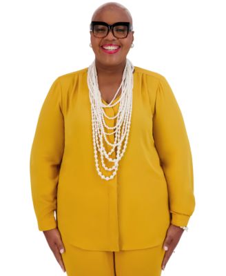 Kasper - Women's V-Neck Button-Front Long-Sleeve Blouse