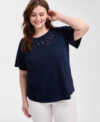 Style & Co - Plus Size Eyelet-Yoke T-Shirt