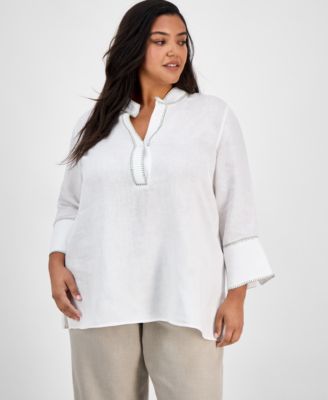 Charter Club - Plus Size Collared Linen Embroidered Top