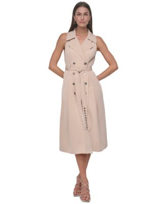 DKNY - Women's Collared Belted Fit & Flare Sleeveless Dress