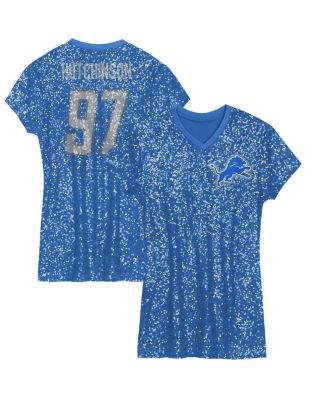 Outerstuff - Big Girls&nbsp;Aidan Hutchinson Blue Detroit Lions Sequin Player Name Number V-Neck Dress