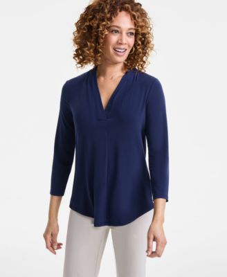 JM Collection - Women's Solid-Color V-Neck Pleat Top