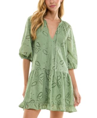 SENI & CADE - Juniors' Eyelet Embroidered Blouson-Sleeve Shift Dress
