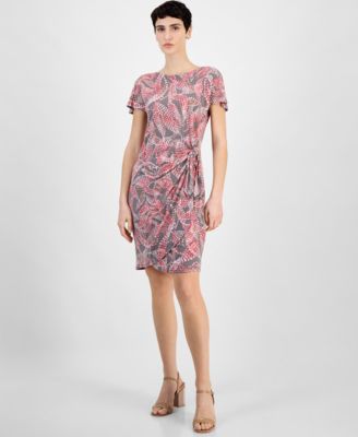 Robbie Bee - Women's Printed Side-Tie Short-Sleeve Dress