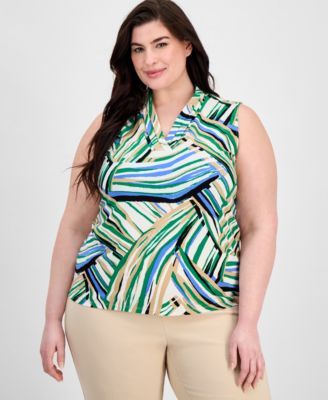 Anne Klein - Plus Size Tripe-Pleat Printed Sleeveless Top