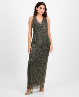 Connected - Petite Metallic V-Neck Twist-Front Gown