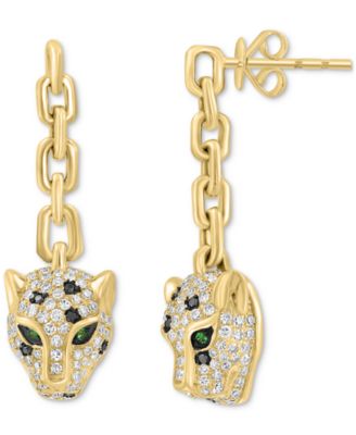 EFFY Collection - White & Black Diamond (3/4 ct. t.w.) & Tsavorite Accent Jaguar Head Drop Earrings in 14k Gold