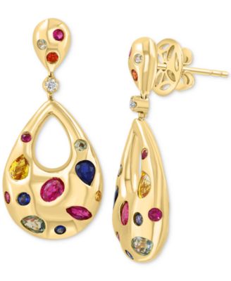 EFFY Collection - Diamond (1/20 ct. t.w.) & Multi Sapphire (2-1/3 ct. t.w.) Teardrop Earrings in 14k Gold Over Silver