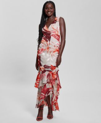 GUESS - Women's Ava Printed Mesh Ruffled Maxi Dress