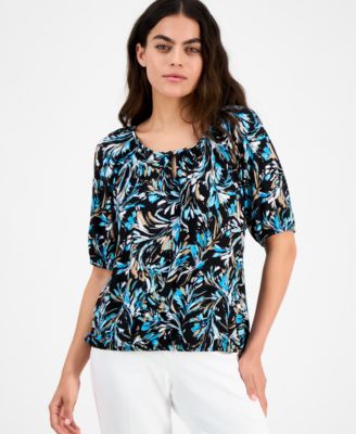 AK Anne Klein - Petite Printed Scoop-Neck Elbow-Sleeve Top