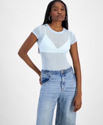 Bar III - Women's Mesh Cap-Sleeve Semi-Sheer Top