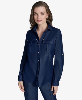 Halston - Women's Collared Roll-Tab-Sleeve Button-Front Shirt