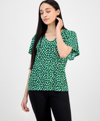AK Anne Klein - Women's Dot-Print Flutter-Sleeve Top