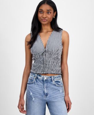 Madden Girl - Juniors' Checkered-Print Smocked-Bodice V-Neck Top