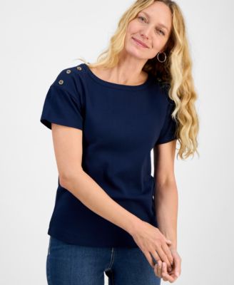Style & Co - Petite Cotton Button-Shoulder Tee