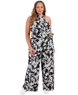 London Times - Plus Size Crisscross Halter Belted Jumpsuit